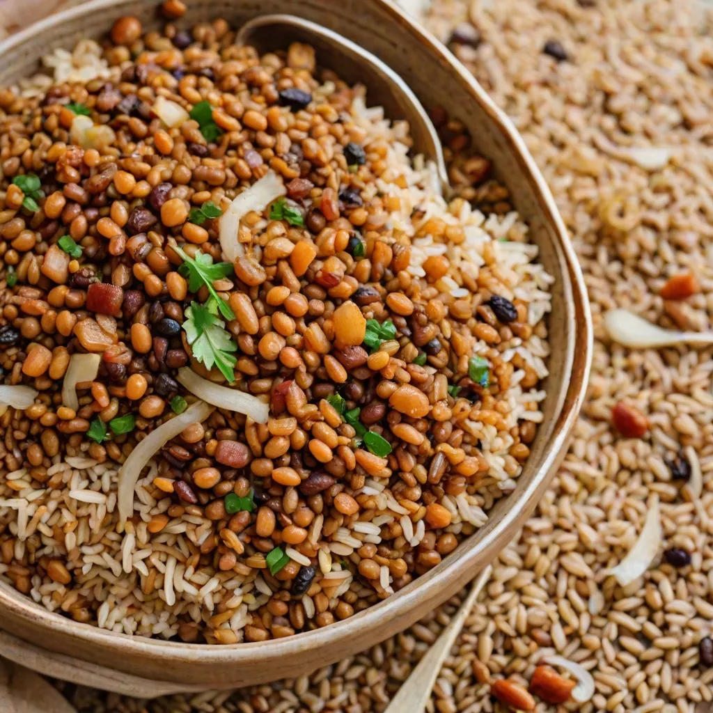 Ryż z soczewicą i karmelizowaną cebulą – aromatyczne danie z Bliskiego Wschodu.